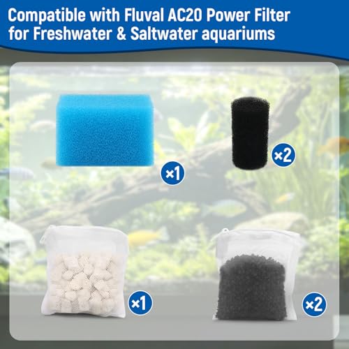 Big Peng AC20 Aquarium Filter Media Maintenance Kit Compatible with Aquaclear Fluval AC20 Power Filters, Includes 1 Blue Foam, 2 Activated Carbon, 1 BioMax Pellets, 2 Intake Strainer Sponge