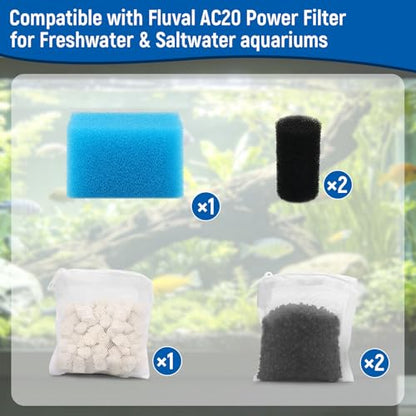 Big Peng AC20 Aquarium Filter Media Maintenance Kit Compatible with Aquaclear Fluval AC20 Power Filters, Includes 1 Blue Foam, 2 Activated Carbon, 1 BioMax Pellets, 2 Intake Strainer Sponge