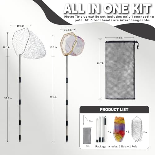 Chicken Net Catcher 3 in 1 Kit with 2 Foldable Nets & Leg Hook Replaceable | Adjustable from 32" to 76" with Thickened Pole丨Humanely Captures for Chicken,Fish,Poultry,Cats,Birds and Animals