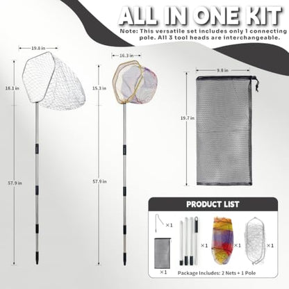 Chicken Net Catcher 3 in 1 Kit with 2 Foldable Nets & Leg Hook Replaceable | Adjustable from 32" to 76" with Thickened Pole丨Humanely Captures for Chicken,Fish,Poultry,Cats,Birds and Animals