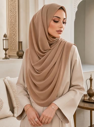 Women’s Chiffon Hijab Scarf - Heavyweight Solid Color Shawl & Wrap, Soft Breathable Headwrap for All Seasons - color: Mcgjxfs2604-camel