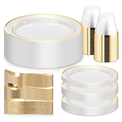 WELLIFE 150 PCS Gold Plastic Plates, Dinnerware Set for 25 Guests - color: Gold, size: 25 Guests