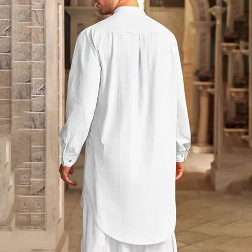 Mens Kaftan Thobe Button Down Casual Henley Shirts Long Sleeve Kurta Cotton Linen Muslim Gown Robe - color: White, size: 3X-Large