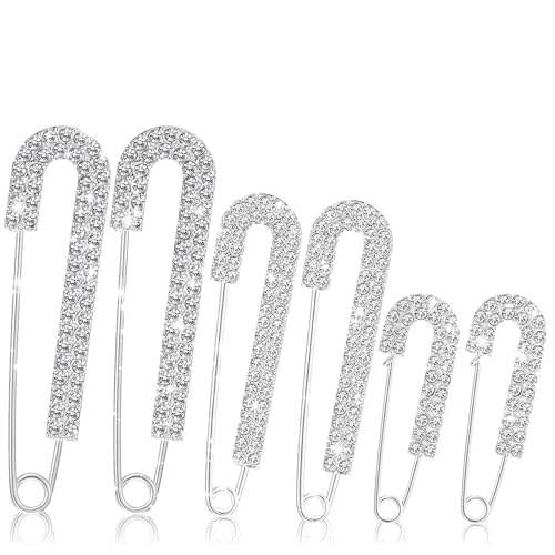 6Pcs Decorative Safety Pins, Ymapinc Silver Rhinestone Pins for Clothes, Silver Rhinestone Fancy Brooch for Women Large & Small Crystal Brooches, Fashion Pin, Hats & Scarves