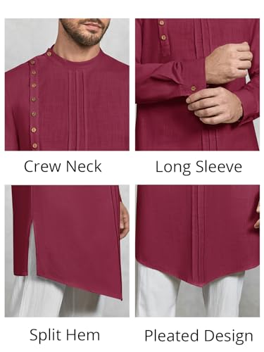 Gafeng Mens Kaftan Thobe Long Sleeve Robe Gown Casual Cotton Linen Button Muslim Shirt - color: Wine Red, size: Medium