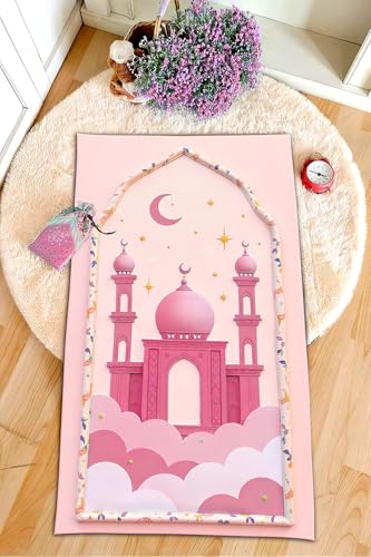 AI-Designed Educational Children Prayer Mat Digital Print 60x100cm Non-Slip Base Polyester Fabric with 4mm Foam Padding Pink 60x100