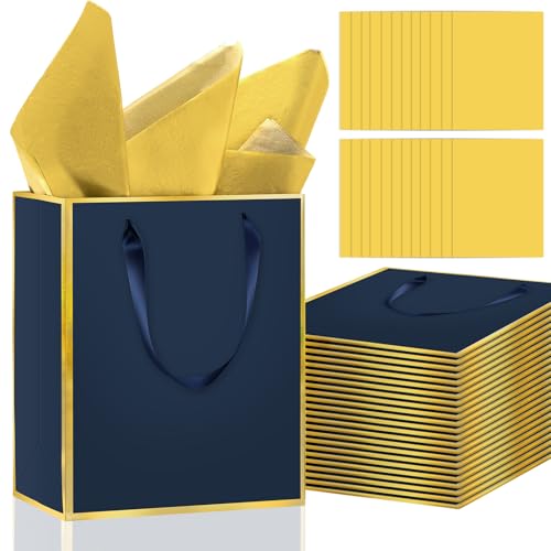 Epoesch 24 Pack Gift Bags with Handles & 24 Tissue Papers – 8x5x10 Inches - color: Navy Blue, Gold, size: 1 Count (Pack of 24)