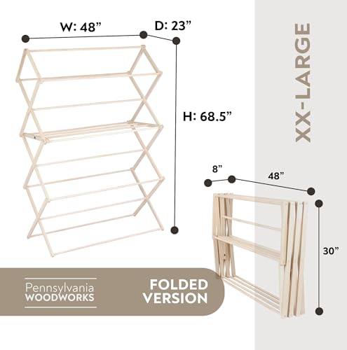 Pennsylvania Woodworks Clothes Drying Rack: Solid Maple Hard Wood Laundry Rack for Blankets, Towels, Bedding & More, Heavy Duty Folding Drying Rack, Made in USA, No Assembly Needed, XXLarge - color: Xx-large