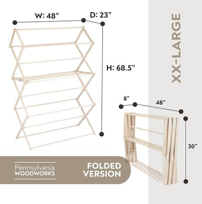 Pennsylvania Woodworks Clothes Drying Rack: Solid Maple Hard Wood Laundry Rack for Blankets, Towels, Bedding & More, Heavy Duty Folding Drying Rack, Made in USA, No Assembly Needed, XXLarge - color: Xx-large