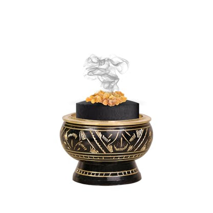 ARO VATIKA Incense Brass Burner (Black) | Used for Burning Charcoal, Sambrani, Dhoop & Resin | for Office Temple Prayer | Wooden Coasterto Hold | Home Purifying Loban Stand