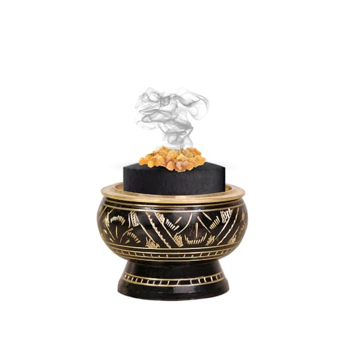ARO VATIKA Incense Brass Burner (Black) | Used for Burning Charcoal, Sambrani, Dhoop & Resin | for Office Temple Prayer | Wooden Coasterto Hold | Home Purifying Loban Stand