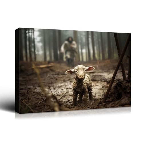 Wewejia Jesus With The Sheep Wall Art 16x12 inch, Jesus Running After Lamb Canvas Print to Rescue Me Religious Christian Wall Art for Living Room Home Decor Church - color: WWJYSS120, size: 18"L x 12"W