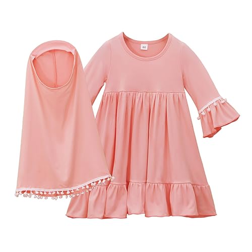 Prayer Set for Muslim Kid Girls Two Pieces Set Skirt Scarf, with a Prayer Rug and Rosary, Suitable East Dubai Clothes - color: Pink, size: 18-24 Months