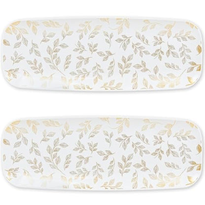 Rectangle Gold Leaves White Serving Tray (2-Pack) - 17.5" Disposable Serving Platter for Appetizer, Fruits & Serving Dishes | Perfect Plastic Tray for Party Serveware - style: Gold Leaves