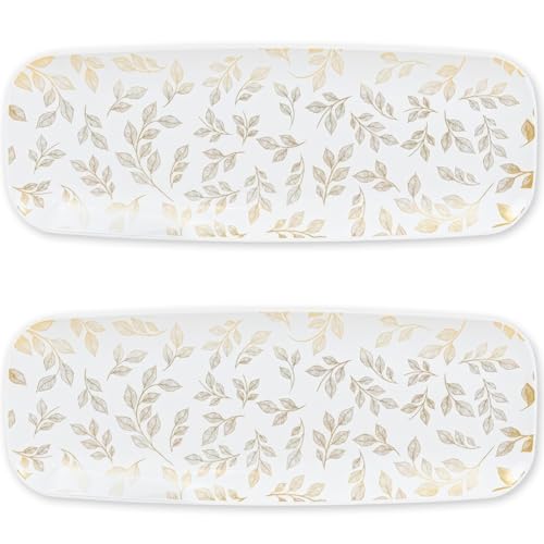 Rectangle Gold Leaves White Serving Tray (2-Pack) - 17.5" Disposable Serving Platter for Appetizer, Fruits & Serving Dishes | Perfect Plastic Tray for Party Serveware - style: Gold Leaves