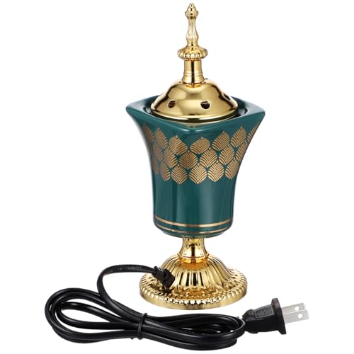 VOSAREA Electric Incense Burner, Arabian Style Electric Bakhoor Burner, 7.66 in Ceramic Censer for Home, Office, Yoga, Tea Room Tabletop Decor (Green, US Plug)