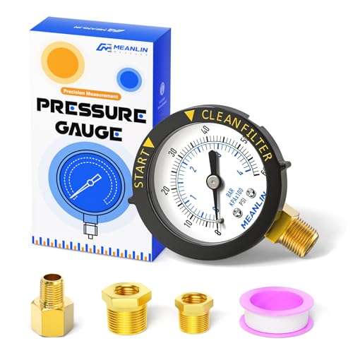 MEANLIN MEASURE 0~60Psi Plastic Frame 1/4" NPT Start and Clean Filter Pressure Gauge, Suitable for Swimming Pool, Spa, Aquarium (0-60Psi/0-4BAR/KIT, Lower Mount) - size: Lower Mount / With adapter