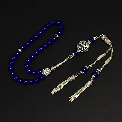 Design - Long & Stylist Tassels Worry Beads - Prayer Beads (8 mm-33 Beads) Tesbih-Tasbih-Tasbeeh-Misbaha-Subha-Sebha-Sibha-Rosary (Blue Agate Natural Stone) - color: Blue Agate Natural Stone