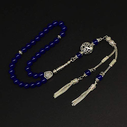 Design - Long & Stylist Tassels Worry Beads - Prayer Beads (8 mm-33 Beads) Tesbih-Tasbih-Tasbeeh-Misbaha-Subha-Sebha-Sibha-Rosary (Blue Agate Natural Stone) - color: Blue Agate Natural Stone