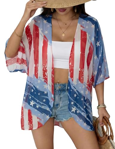 Chunoy Women Short Sleeve Chiffon Kimono Beach Swimsuit Cover Up - color: Ameriacn Flag, size: XX-Large
