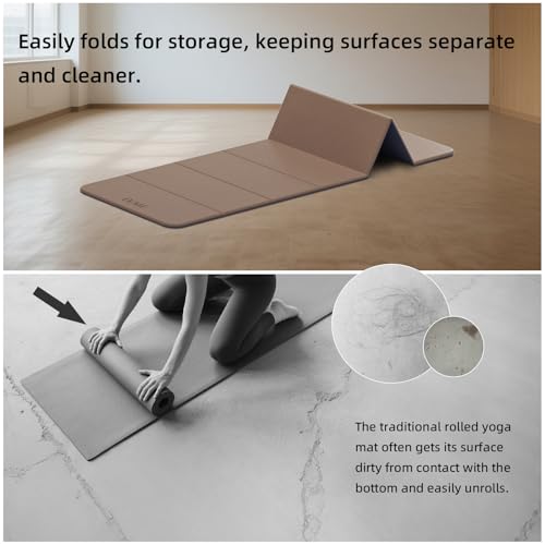 LVME Foldable Yoga Mat, 71"x24"x1/3" Thick, Non Slip Exercise Mat | SGS Certified POE, Fitness Travel Mat, Easy To Store, Foldable for Exercise, Yoga, Pilates, Home Workouts - color: Champagne + Grape