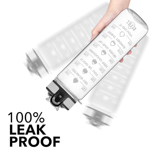 Hyeta Water Bottle with Straw & Time Marker, Plastic 32oz Leakproof | Motivational Tritan BPA Free Gym Office Outdoor Intake Tracker Hourly Reminder Straw Lid Carry Strap - color: transparent