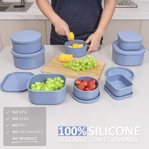 100% Silicone Food Storage Containers with Lids, 8 Pack, 10oz to 51oz, Reusable Leakproof Nesting & Stackable Silicone Bento Lunch Box, Microwave Freezer Dishwasher Oven Safe, BPA Free, Slate Blue - color: Slate Blue | 8 Pack