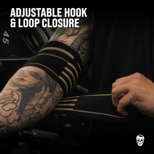 Gymreapers Weightlifting Elbow Wraps (1 Pair) - Flexible 40'' Elbow Compression Strap & Joint Support Brace - for Bench Press, Powerlifting, and Pressing - color: Tan