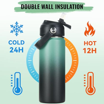 Fijinhom 18oz Insulated Stainless Steel Water Bottle, Wide Mouth Double Wall Vacuum, Silicone Straw, Sweat & Leak Proof, BPA Free Insulated Water Flask for Travel, Keep Cold 24h Hot 12h, Green & Black - color: Green & Black, size: 18 Ounces