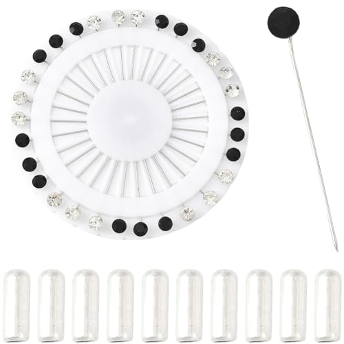 SUNNYCLUE 30Pcs Rhinestone Straight Pins Round Head Pin Black White Metal Iron Crystal Muslim Hijab Scarf Clothes Straight Brooch with 10Pcs Safety Caps for Jewelry Shawls Wedding Decorations Findings - color: Black， White