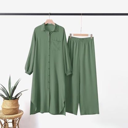 Women's Muslim 2 Pieces Sets Long Sleeve Button Down Shirt and Pants Abaya Casual Dress Dubai Outfits - color: Sage Green, size: XX-Large