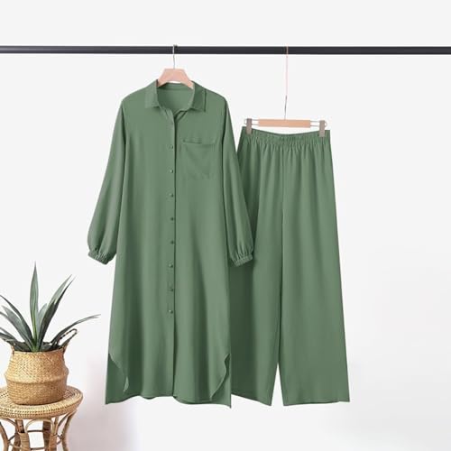 Women's Muslim 2 Pieces Sets Long Sleeve Button Down Shirt and Pants Abaya Casual Dress Dubai Outfits - color: Sage Green, size: 4X-Large