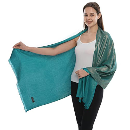 LMVERNA Women's Sparkling Metallic Soft Pashmina Shawls and Wraps Scarf in Solid Colors - color: Teal-gold