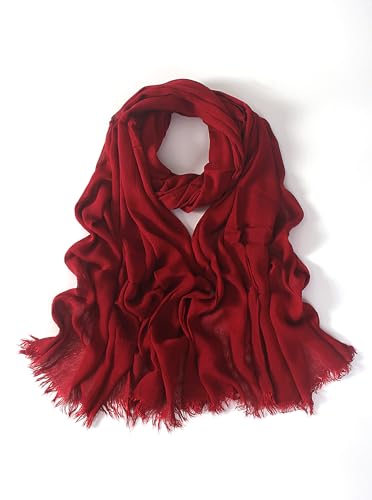 Cotton Linen Plain Hijab Scarf For Women,Muslim Viscose Crinkle Edge With Fringe,Summer Beach Wrap Headwraps Shawl - color: 42#red