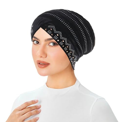 Rhinestone Hijab Turban Hats for Women Beanies Bandana Headwrap Cap Beanies Headwear Headscarf Undercap Turban Hat - color: Black