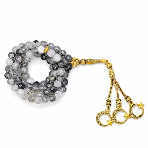 Amazing Gemstone Crystal Tasbeeh with Moon and Star Charm - Certified Crystal Muslim Prayer Beads Natural Gemstone Tasbih Gift for Ramadan Dhikr and Daily Namaz (G) - color: Dragon Vein Agate