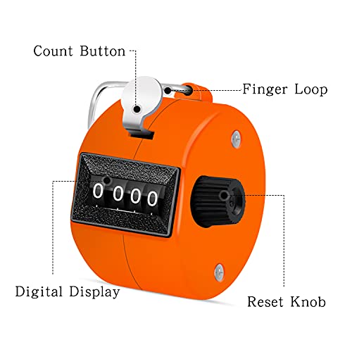 Eliamo 12 Pcs Hand Tally Counter 4-Digit Lap Counter Clicker, Manual Mechanical Handheld Pitch Click Counter with Finger Ring for School Golf & Knitting Row Croche - color: Orange
