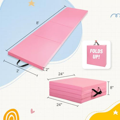 Outroad 6/8/10' Foldable Gymnastics Gym Exercise Aerobics Mat, PU Leather Tumbling Mat with Hook & Loop Fastener for Stretching Yoga Cheerleading Martial Arts - Versatile Fitness Mat for Home Workout - color: Pink 4 folding mat 8' x 2' x 2"