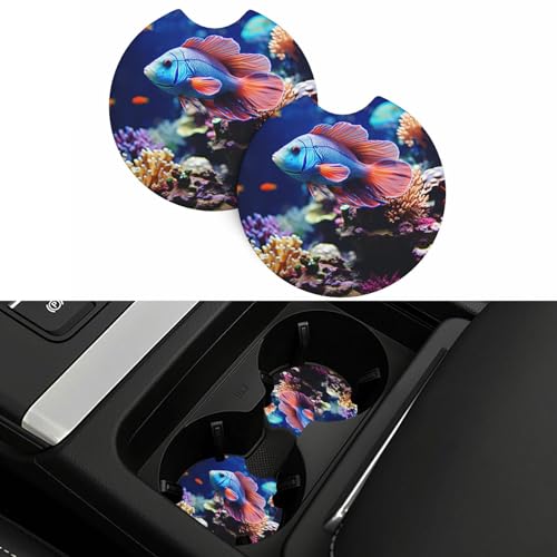 Coral Reef Fish Aquarium Car Cup Holder Coasters 2 Pcs Car Coaster Anti Slip Car Cup Pad Universal Car Interior Cup Holder Pads Rubber Car Cup Mat with A Finger Notch