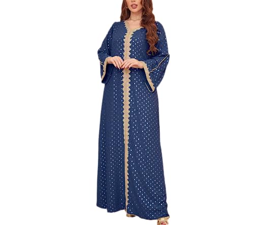 FPOVFPO Women's Muslim Abaya One-Piece V Neck Bronzing Dress Islamic Full Length Kaftan Daily Casual - color: Dark Blue, size: X-Large