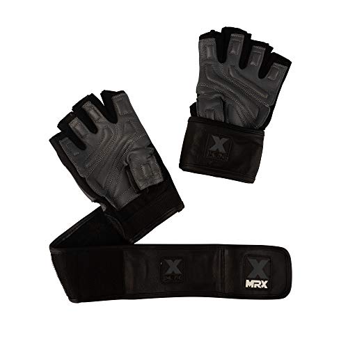 MRX Weight Lifting Pro Level Gloves with 18 Inches Long Wrist Strap Gym Workout Exercise & Fitness in - color: Black Grey, size: Large