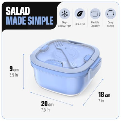 Salad Container with Ice Pack & Handle, 6.8 Cup / 1600ml Large Portable Salad Bowl Lunch Box with Lid, Fork Holder & Sauce Cup, 4-Compartment Removable Tray Meal Prep Bento Box, Blue - color: Blue