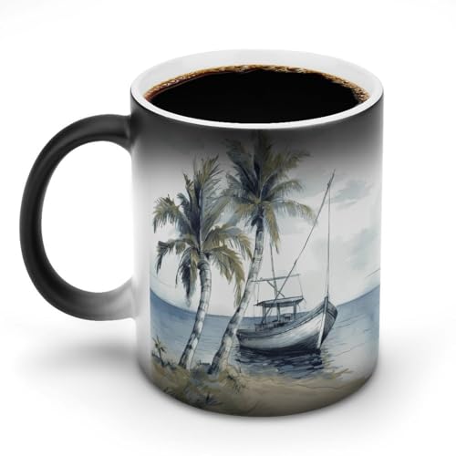 Palm Trees Fishing Boat Coffee Mug Heat Sensitive Discoloration Ceramic Cup Personalized Color Changing Coffee Cups Unique Cup Gift for Family Friends Birthday Aniversary