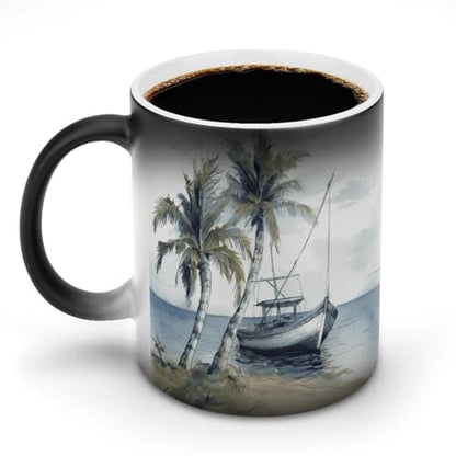 Palm Trees Fishing Boat Coffee Mug Heat Sensitive Discoloration Ceramic Cup Personalized Color Changing Coffee Cups Unique Cup Gift for Family Friends Birthday Aniversary