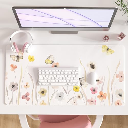 Faux Leather Large Mouse Pad, Office Desk Mat, 31.5"x15.7", Butterflies | Desk Décor Accessories, Extended Size, Waterproof & Easy to Clean, Smooth Surface, Non Slip Desk Organization - color: Floral Butterflies, size: 31.5L x 15.7W inches