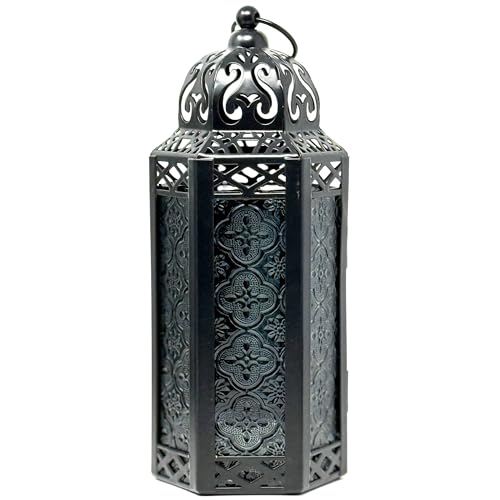 Vela Lanterns Decorative Indoor Candle Holder Table Centerpieces - Moroccan Hanging Outdoor Patio & Porch Home Decor, Turkish Lamp for Wedding, Ramadan (Medium 10.5", Black) - color: Black/Black, size: Medium