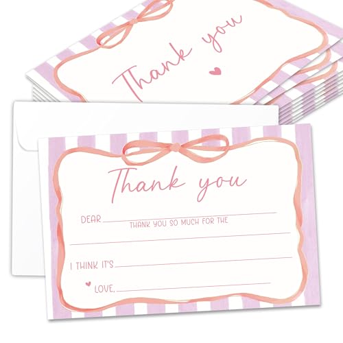 Kids Thank You Cards with Envelopes, Pink Ribbon Theme Fill in the Blank Thank You Notes for Kids, Toddler Stationery Set, Ideal for Birthday Party, Graduation & School Gag Gifts - B05 - color: Pink Ribbon Style