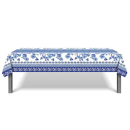 1 Pack Blue and White Porcelain Plastic Tablecloth, 54 x 87 Inch Long Rectangular Reusable Table Cover for Buffet, Chinese Style Birthday Party Holiday Dinner Picnic Wedding Kitchen Event Use - color: Blue and White Porcelain