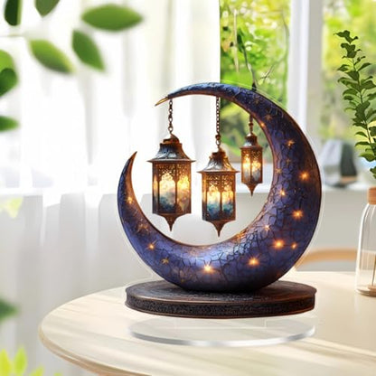 Eid Mubarak Crescent Moon Table Decoration with LED Lights and Hanging Lanterns, 7.87 Inch
