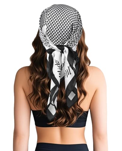 Sumolux Head Hair Scarf for Women Like Satin Silk Scarf Bandana Hair Wrapping Night Large Square Scarves 27.5" - color: Black Grid